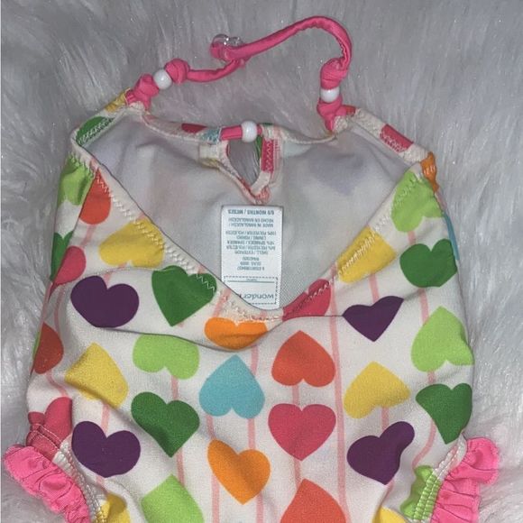 Girls Swimsuit WonderKids 1 Pc Pink Heart Beaded Bathing Swim Suit - Picture 8 of 8